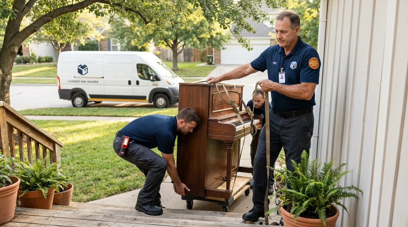 Licensed piano movers securing grand piano in Jamesport, NY
