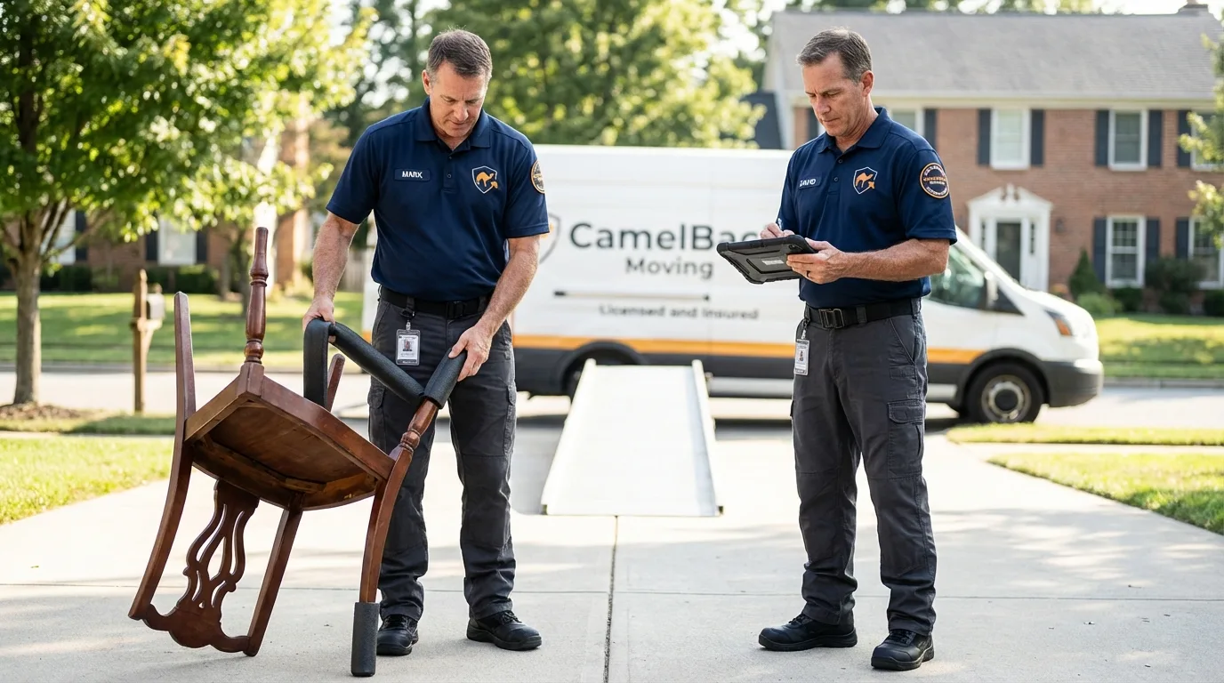 Movers inspecting furniture for damage prevention before loading in Jamesport, NY