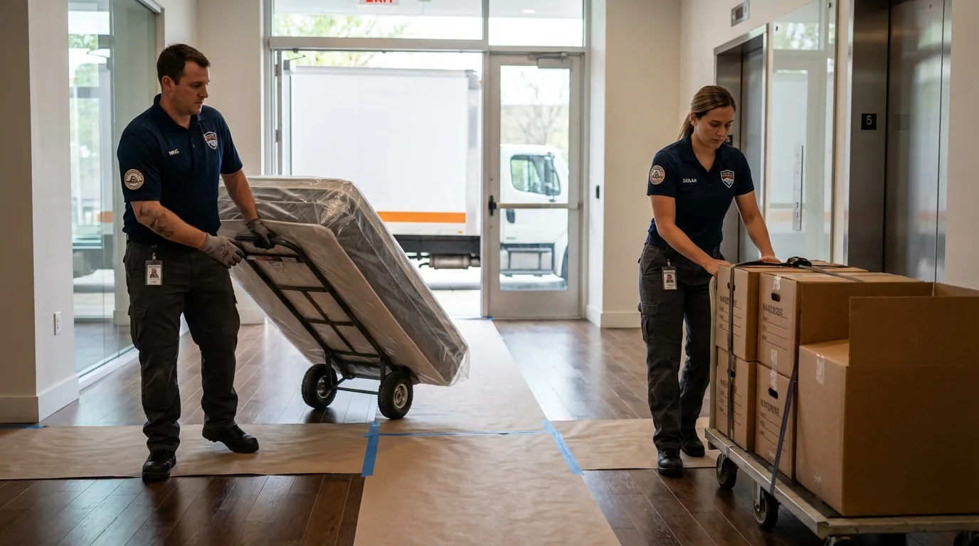 Professional apartment movers loading elevator in Jamesport, NY
