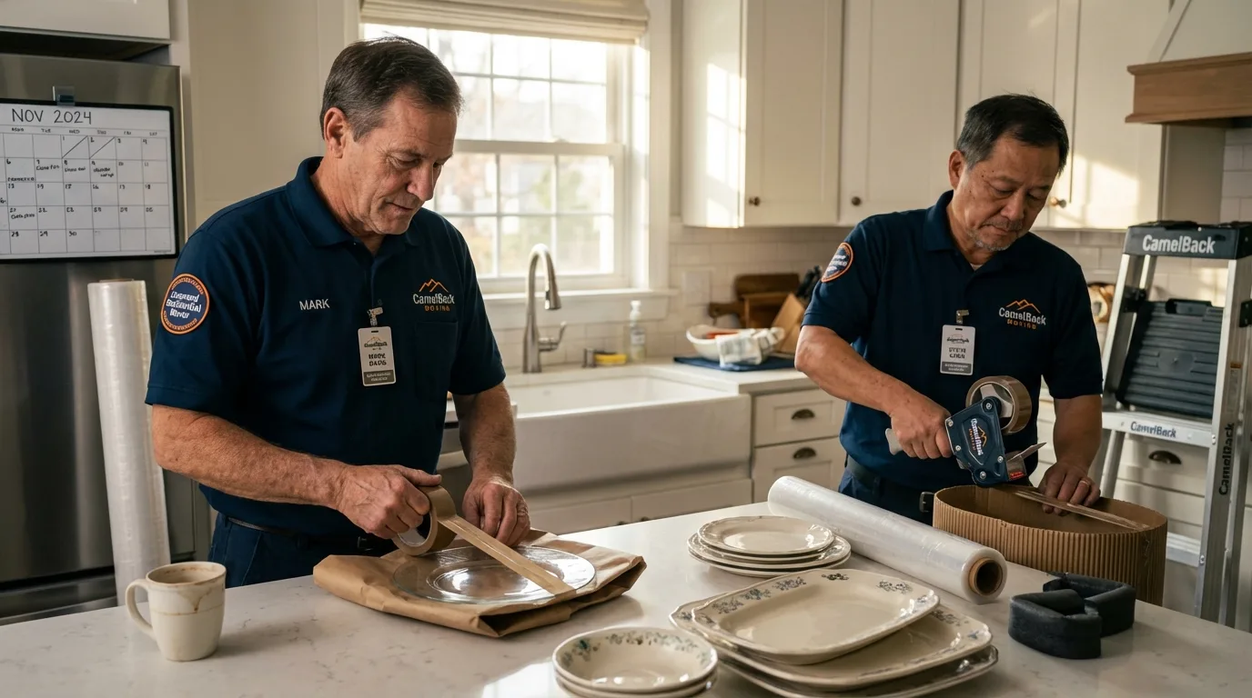 Professional crew packing kitchen dishware in Jamesport, NY